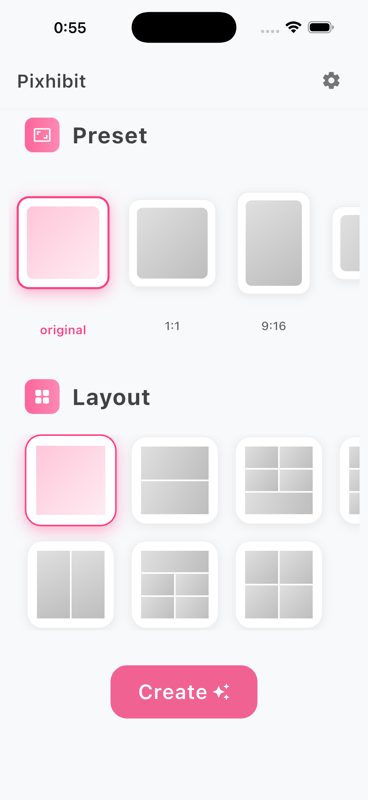 Home screen with preset and layout pickers